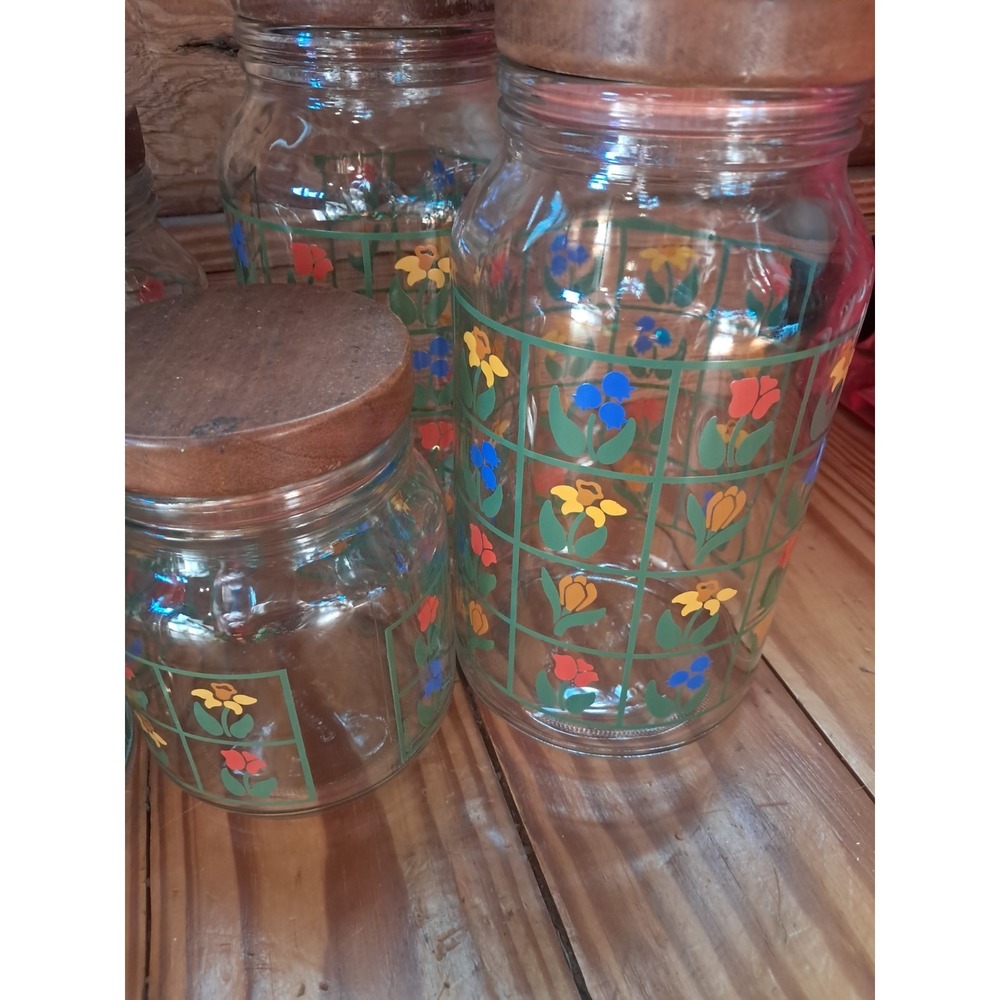 6 Vintage Anchor Hocking Jars Set With Wooden Lids Floral Collectible Glass 5d